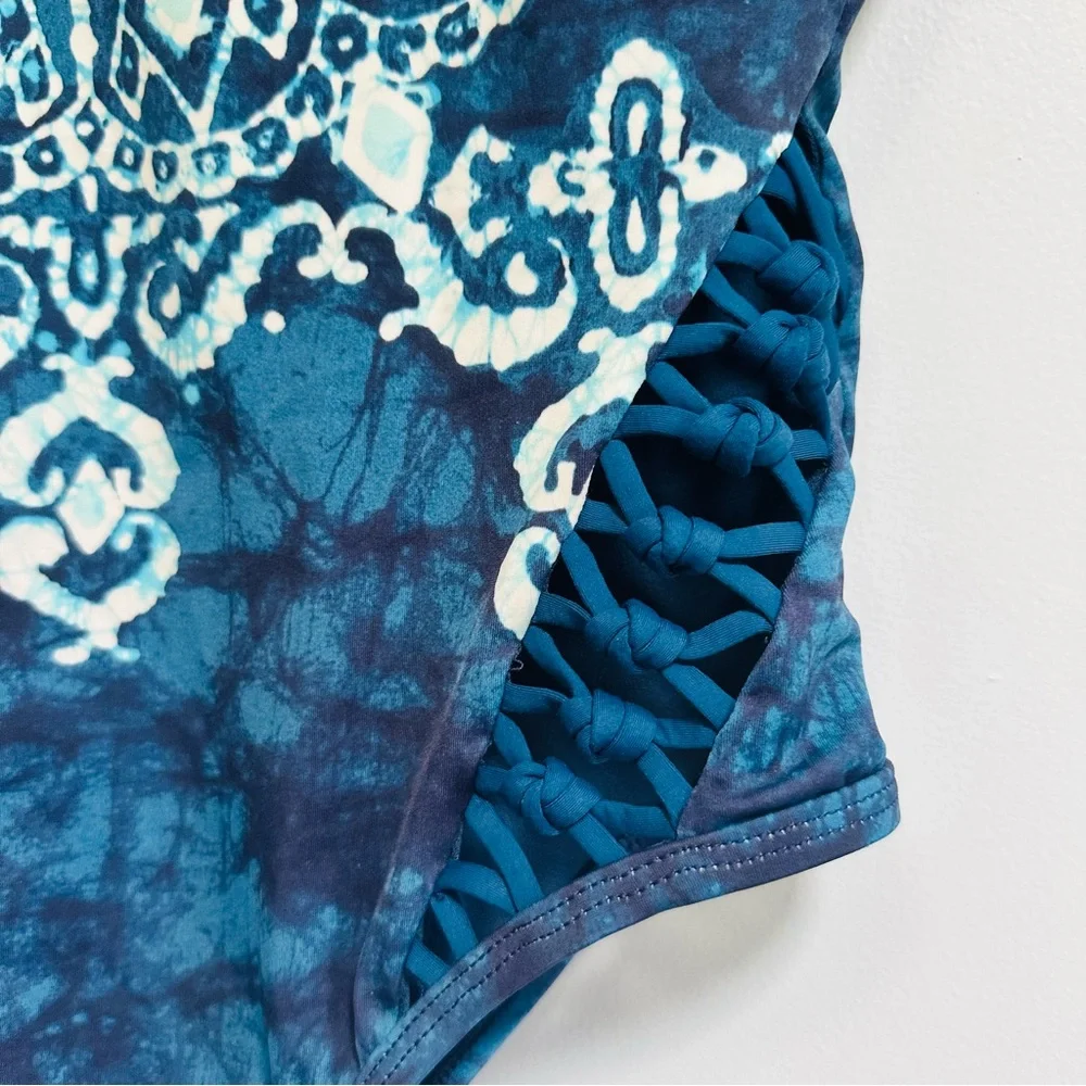 Lucky Brand Batik chic blue and white boho one piece swimsuit, size small